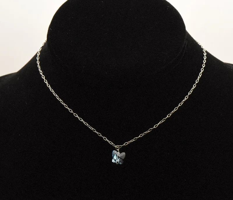 Ladies Necklaces for Winter Shine-Vintage Blue Crystal Butterfly Pendant Sterling Silver Chain Necklace