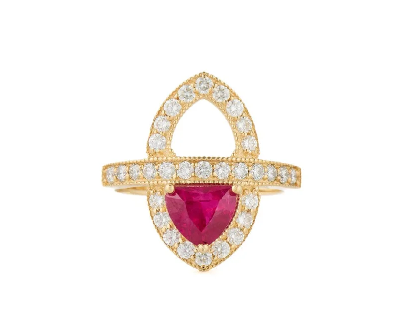 Ladies Rings with Triangle Shine-0.85ct Trillion Cut Ruby and 1.00ctw Diamond Ring in 14K