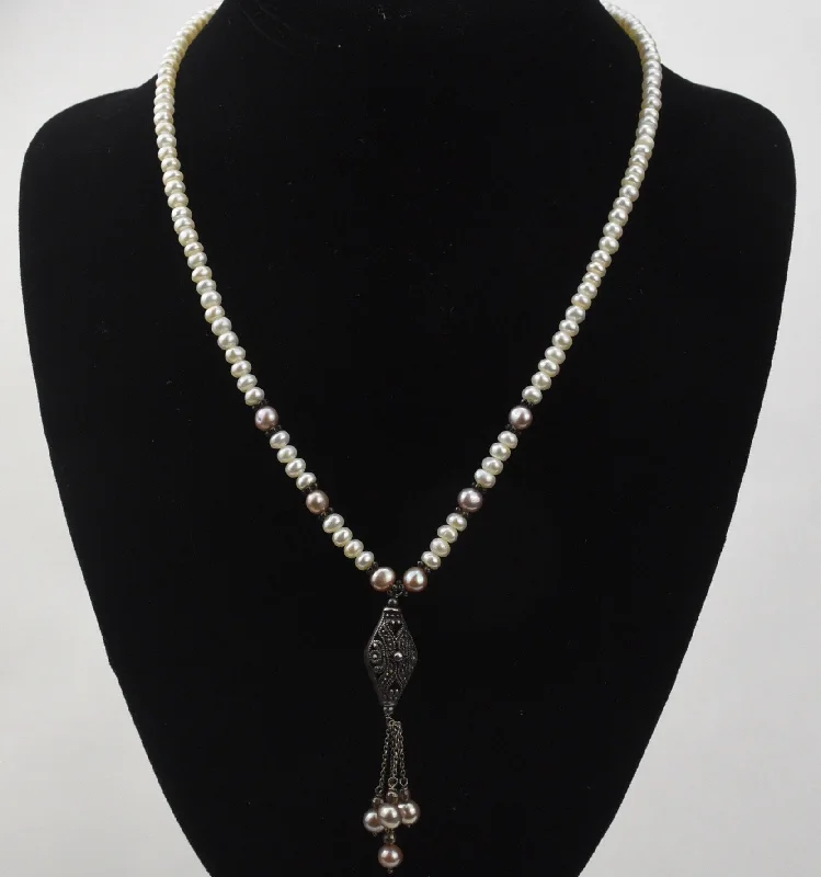 Ladies Necklaces with Flame Shine-Beautiful Vintage Art Deco White and Pink Pearl Sterling Silver Marcasite Pendant Necklace