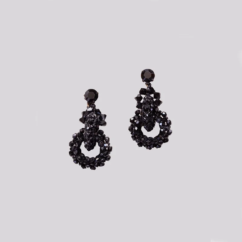 Ladies muted tone earrings -Vintage Black Beads Stud Earrings