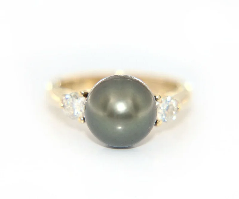 Ladies Rings with Pink Rhodonite-10.0MM Cultured Black Tahitian Pearl and Diamond Ring in 14K