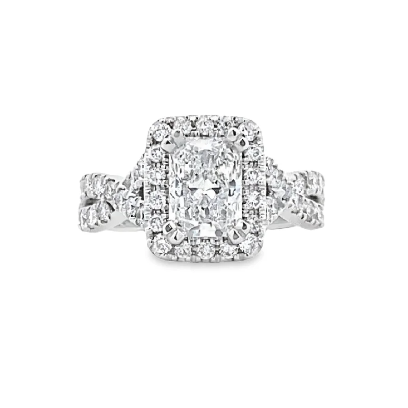 Ladies Vibrant Ruby Engagement Rings -LAB-Created Radiant Diamond Halo Engagement Ring in White Gold by B&C