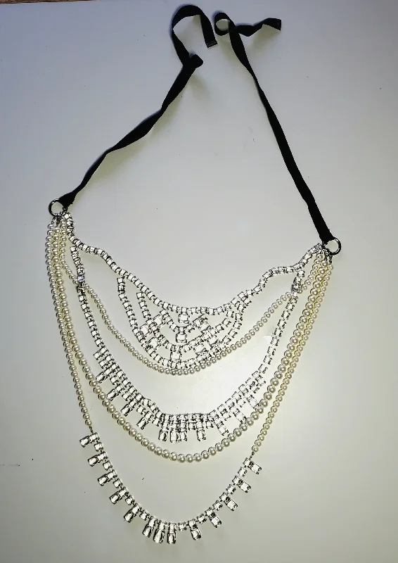 Ladies Necklaces for Party Glow-Malene Birger - Vintage Opera Length Multi-Strands of Pearls and Rhinestones Ribbon Tied Necklace - 60"