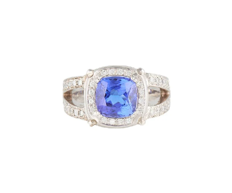 Ladies Rings with Yellow Heliodor-6.75ct Cushion Tanzanite and 1.25ctw Diamond Frame Split Shank Ring in 14K