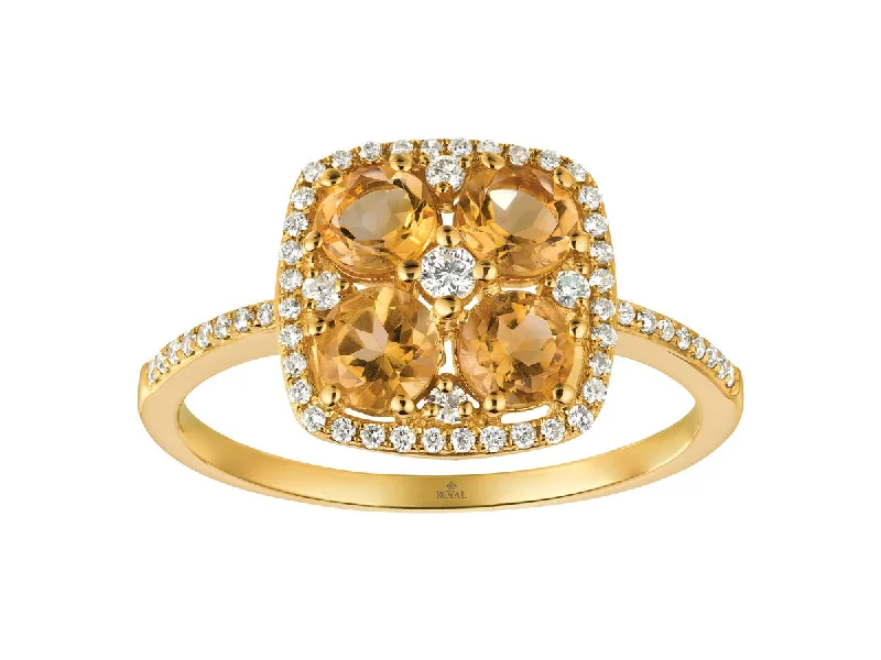 Ladies Rings Wide Shine-14k Yellow Gold four 4mm Round Citrines and Diamond Halo Ring C6802C-CI