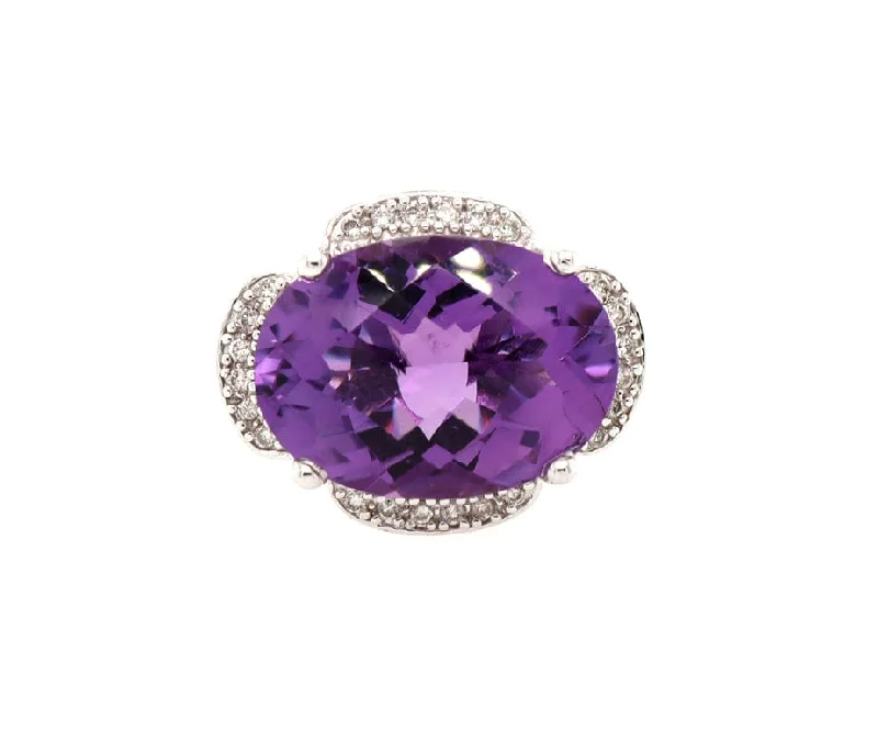 Ladies Rings with Spiral Spark-11.0ct Oval Amethyst and 0.25ctw Diamond Frame Ring in 14K