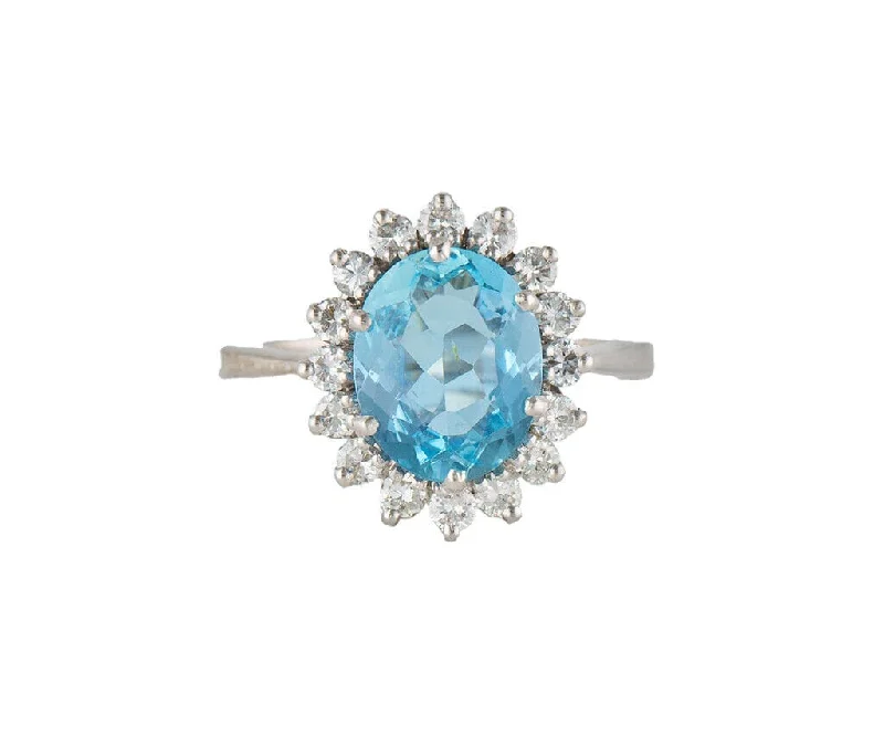 Ladies Rings Handmade Spark-3.00ct Oval Aquamarine and 0.50ctw Diamond Frame Starburst Ring in 14K