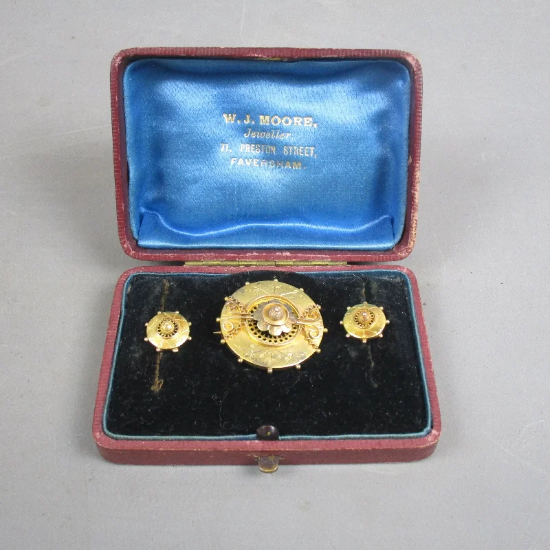 Ladies inscribed personalized earrings -18ct Gold Brooch & Earring Set With Original Box Antique Victorian c1870