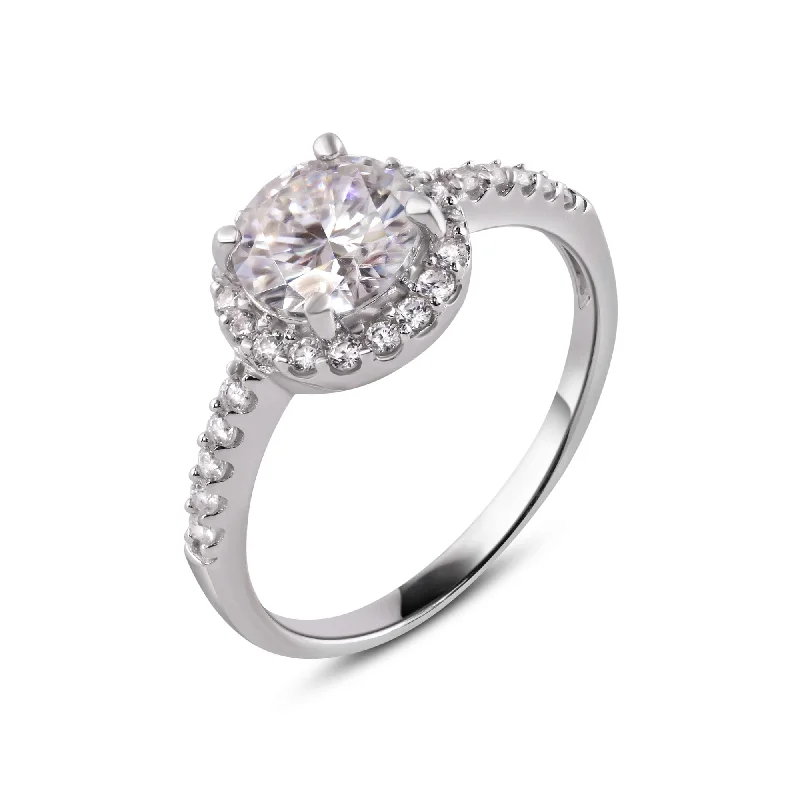 Ladies Elite High-End Engagement Rings -925 Sterling Silver Rhodium Moissanite Stone Engagement Halo Ring - MGMR00010