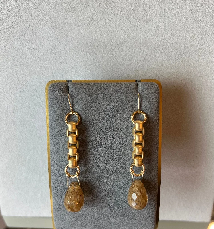 Ladies airy feather earrings -Earrings - Rutilated Quartz Tear w/Box Chain in Gold