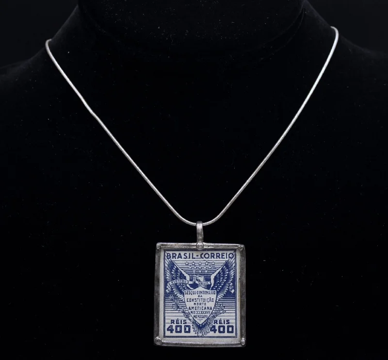 Ladies Necklaces with Star Spark-Vintage 1937 Brazilian Sesquicentennial Stamp Sterling Silver Pendant Necklace - 18"