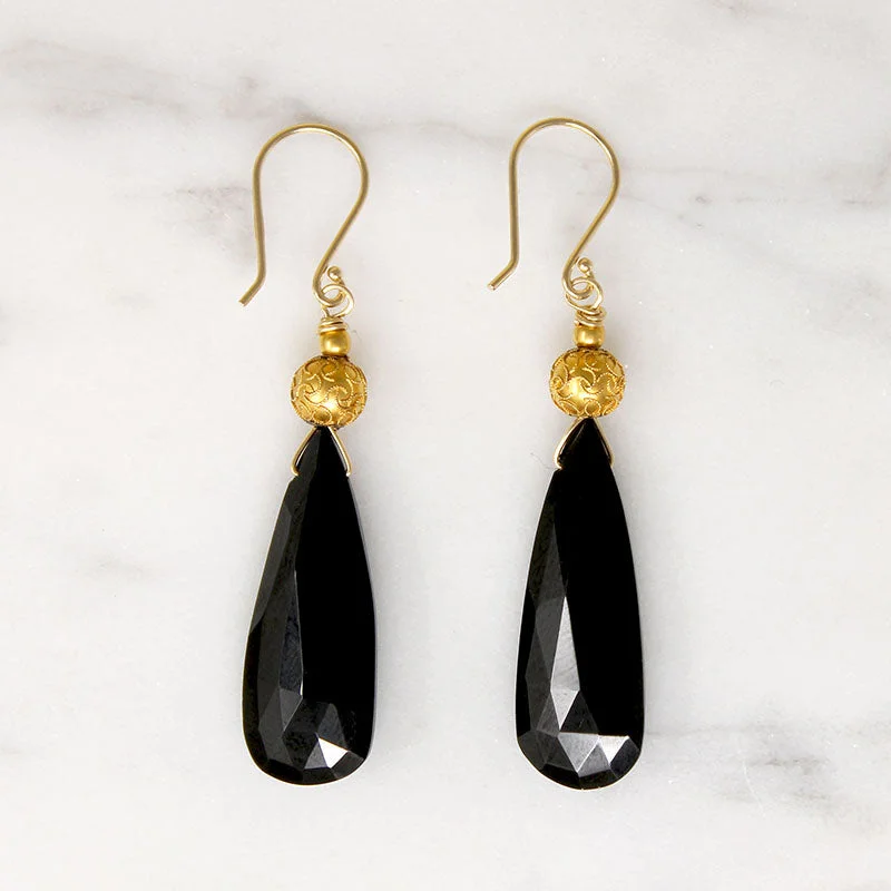 Ladies cosmic vision earrings -Etruscan Revival Gold Bead & Onyx Earrings by brunet