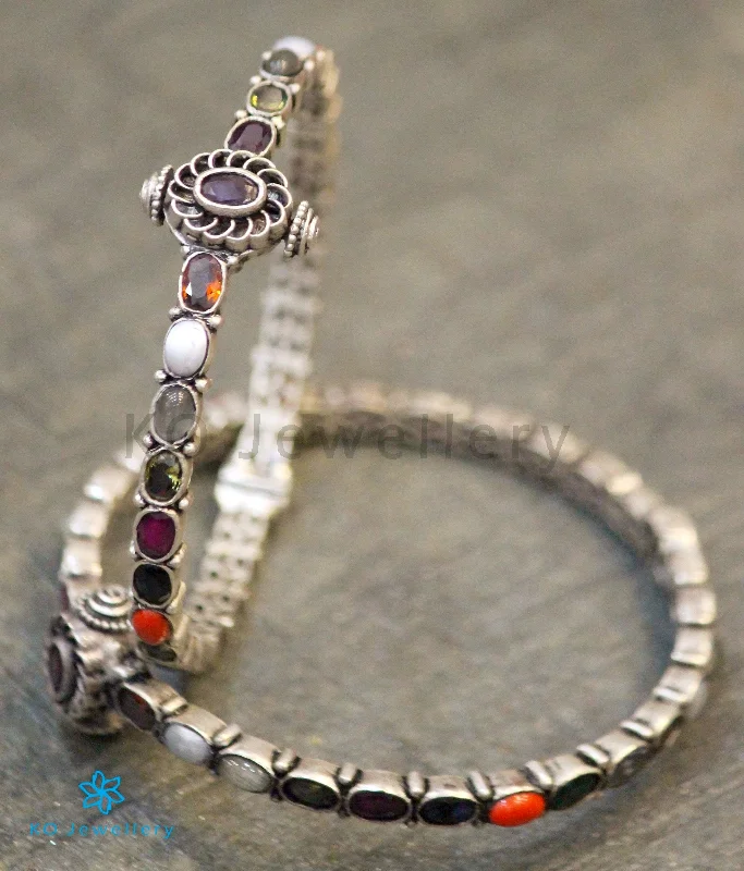 Ladies Bracelets with Celestial Charm-The Vidvat Silver Navaratna Bracelet (Oxidised/Size 2.2/2.4/2.6/2.8)