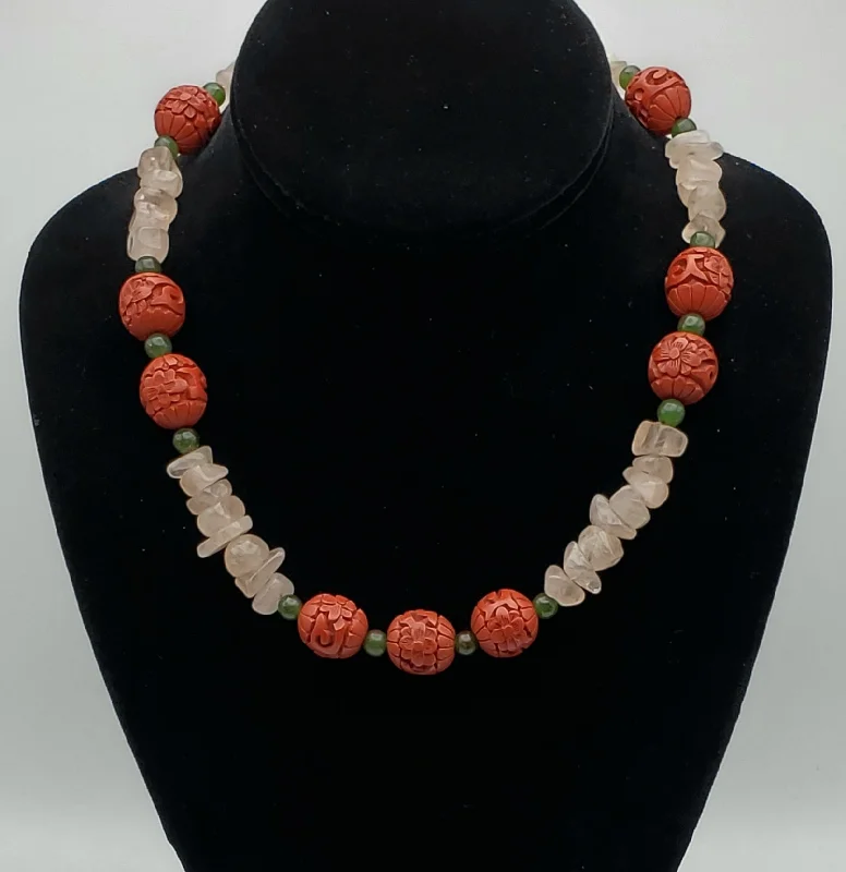 Ladies Necklaces with Pink Eudialyte-Vintage Rose Quartz, Jade and Faux Cinnabar Bead Necklace - 18"