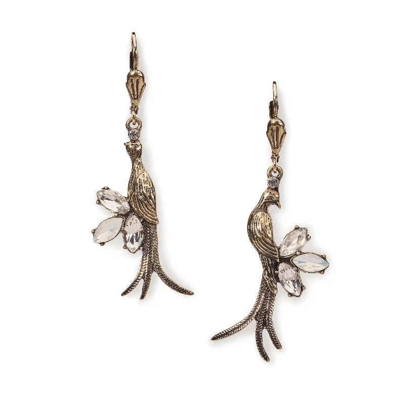 Ladies floral crown earrings -Love Bird Earrings: Brass Drop Earrings