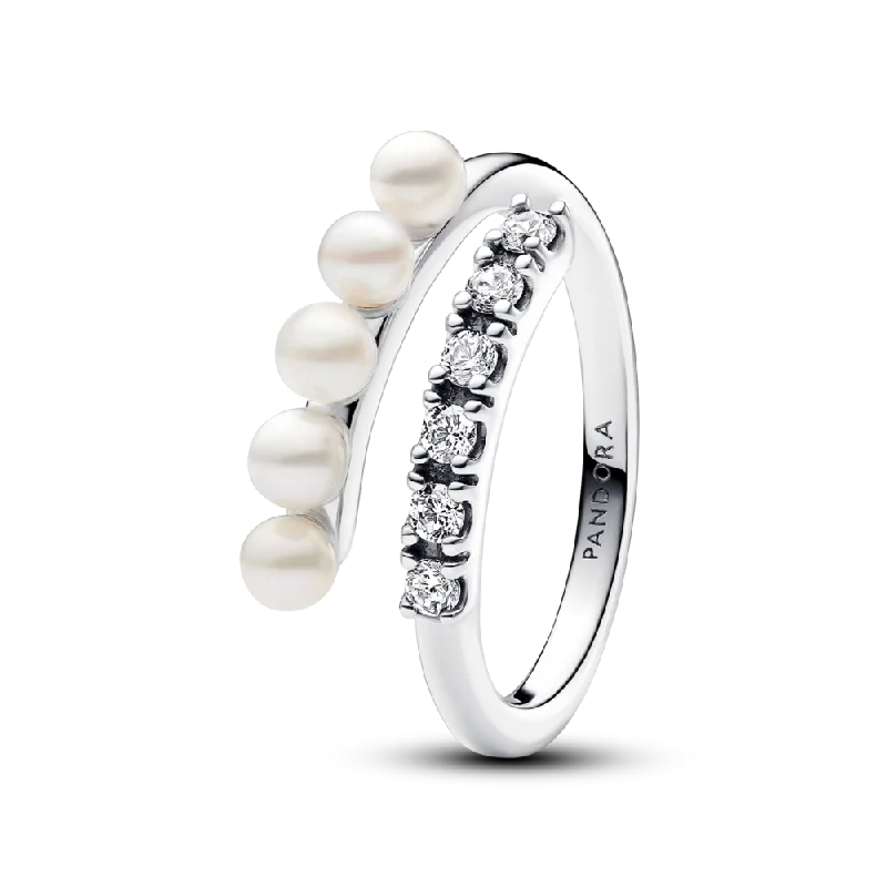 Ladies Rings with Ruby Spark-Treated Freshwater Cultured Pearls & Pavé Open Ring