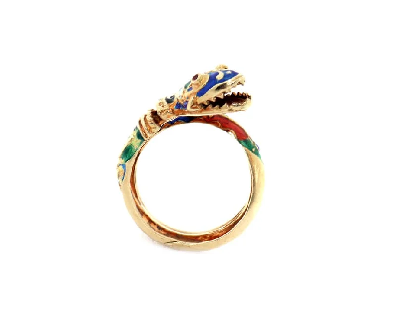 Ladies Rings with White Thaumasite-Vintage Victorian Enamel Coiled Snake Ring in 14K