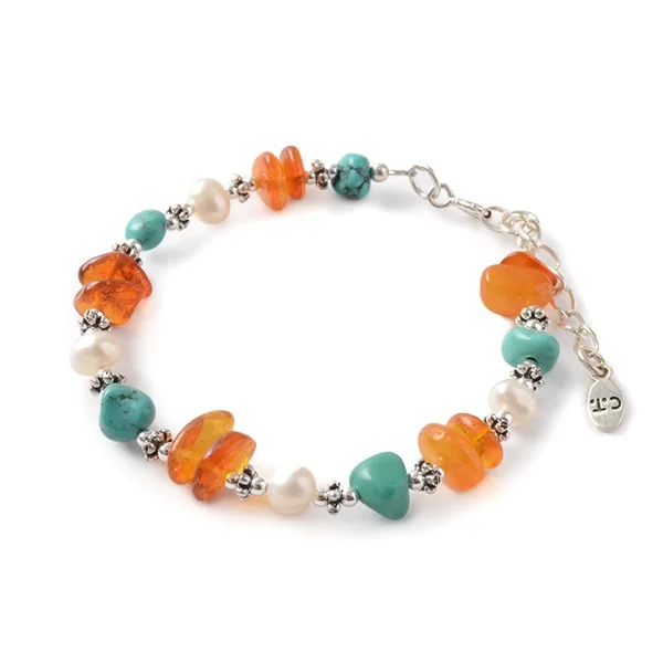 Ladies Bracelets with Bright Sunstone-CHALISA T.. / Turquoise Amber Pearl Combi Bracelet