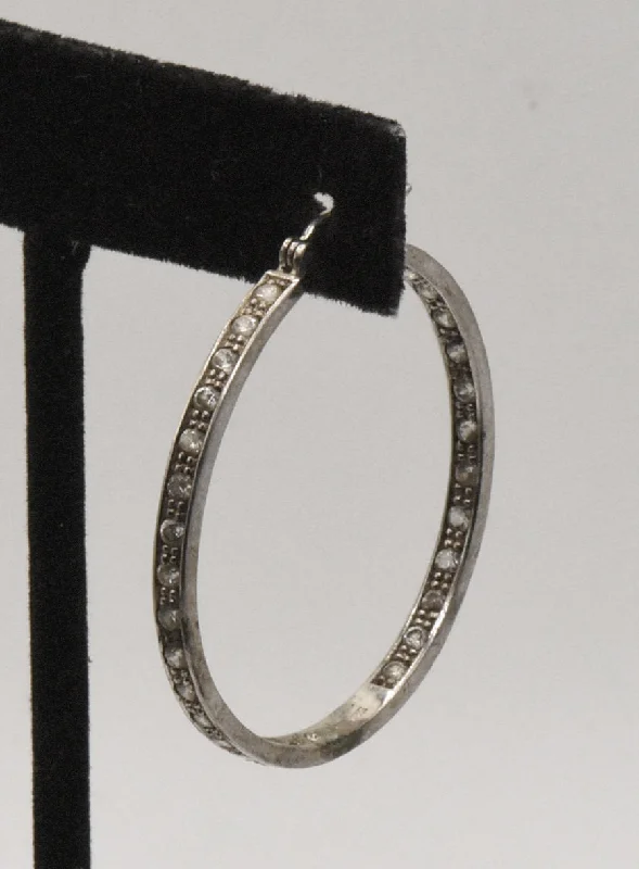 Ladies etched message earrings -UNMATCHED Vintage Sterling Silver Rhinestone Hoop Earring