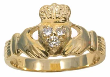 Ladies Rings with Flame Shine-14K Yellow Gold Diamond Claddagh Ring HB00923DI