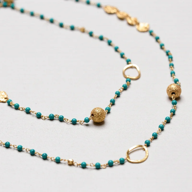 Ladies Necklaces for Travel Spark-Long Gold Chain Necklace with Green Turquoise Beads