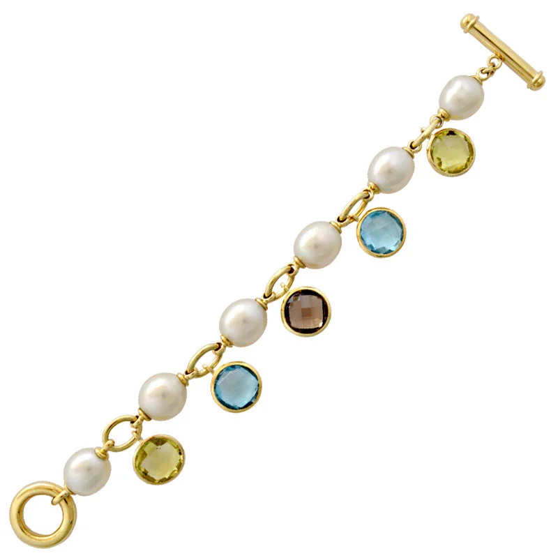 Ladies Bracelets for Bride Shine-Toggle Bracelet-Smokey Quartz, Blue Topaz, Lemon Quartz and Pearl