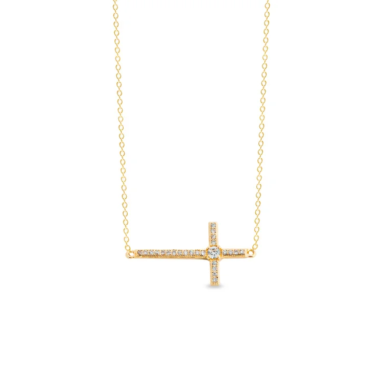 Ladies Necklaces with Crescent Spark-Gold Finish Sterling Silver Micropave Sideways Cross Necklace with Simulated Diamonds on 18" Cable Chain