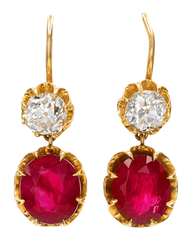 Ladies baroque splendor earrings -Victorian Burmese Ruby and Diamond Earrings