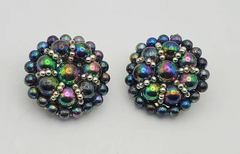 Ladies wave curl earrings -Vintage Aurora Borealis Beaded Clip-On Earrings