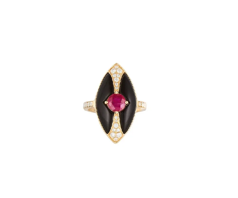 Ladies Rings Eternity Spark-Cirari 0.92ct Ruby 0.85ctw Diamond and Black Onyx Marquise Shaped Ring in 14K