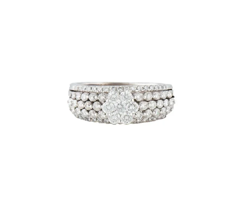 Ladies Rings with White Colemanite-1.65ctw Diamond Cluster Multi Row Flower Ring in 18K