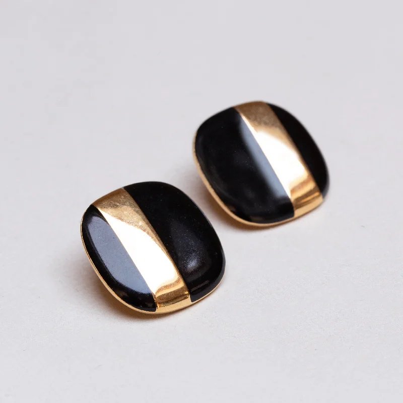 Ladies quirky gleam earrings -Vintage Gold and Black Enamel Clip-on Earrings