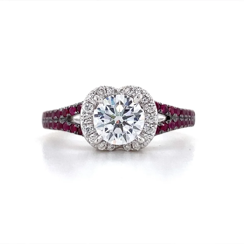 Ladies Tiny Treasure Engagement Rings -Round Diamond Halo Engagement Ring with Ruby Side Stones in White Gold