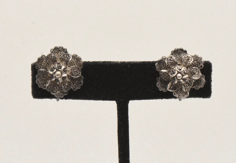 Ladies frosted matte earrings -Vintage Filigree Silver Flower Screw Back Earrings