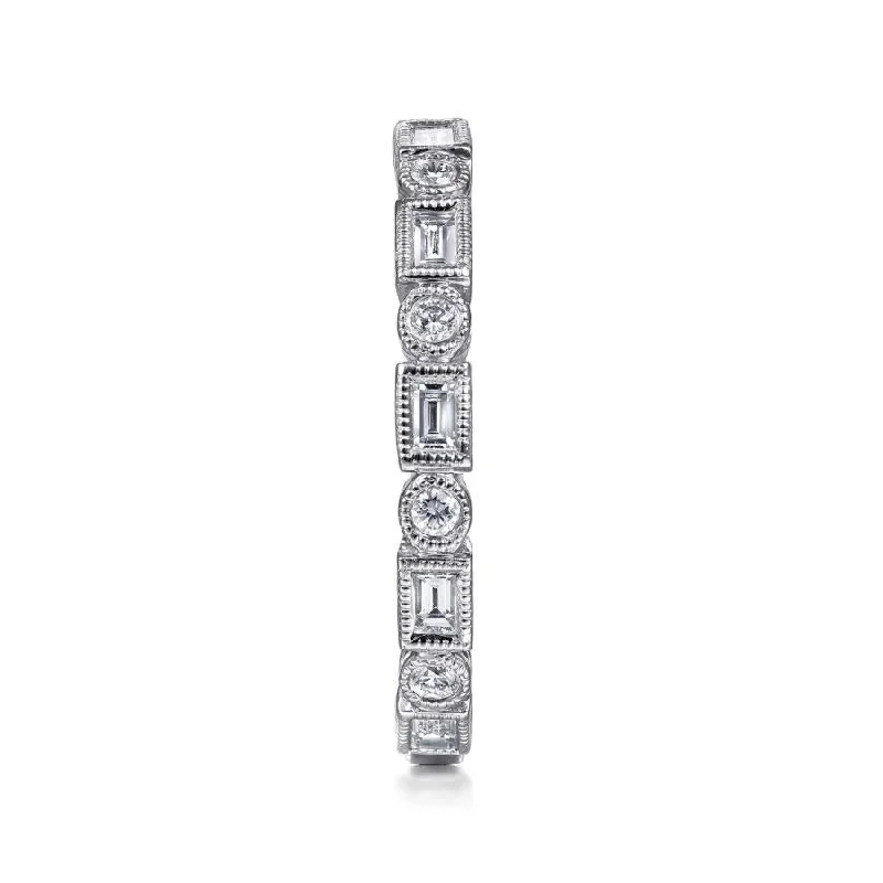 Ladies Rings with Rose Quartz-Gabriel & Co. - LR4380W44JJ - 14K White Gold Baguette and Round Diamond Eternity Ring