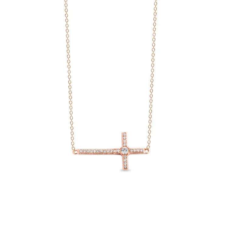 Ladies Necklaces with Purple Taaffeite-Rose Gold Finish Sterling Silver Micropave Sideways Cross Necklace with Simulated Diamonds on 18" Cable Chain