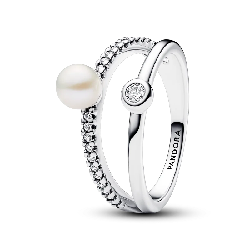 Ladies Rings with Warm Opal-Treated Freshwater Cultured Pearl & Pavé Double Band Ring