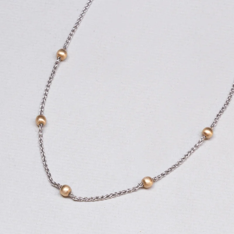 Ladies Necklaces with Sea Beryl-White Gold Station Necklace with Yellow Gold Balls