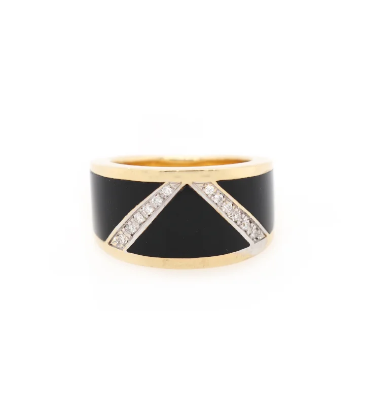 Ladies Rings with Green Grandidierite-Black Onyx and 0.35ctw Diamond V Shaped Wide Band Ring in 18K