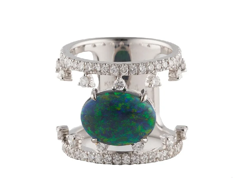 Ladies Rings with Stellar Glow-2.87ct Black Opal Cabochon and 1.14ctw Diamond Double Row Ring in 18K