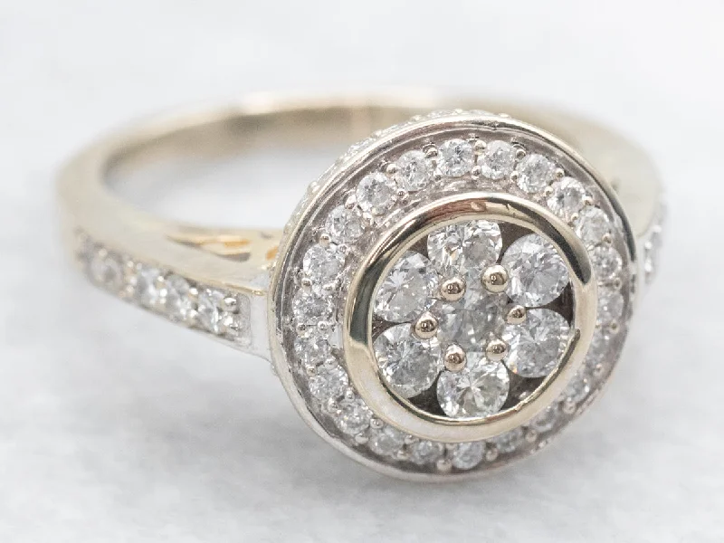 Ladies Flat Edge Engagement Rings -Modern Diamond Engagement Ring with Floral Diamond Halo