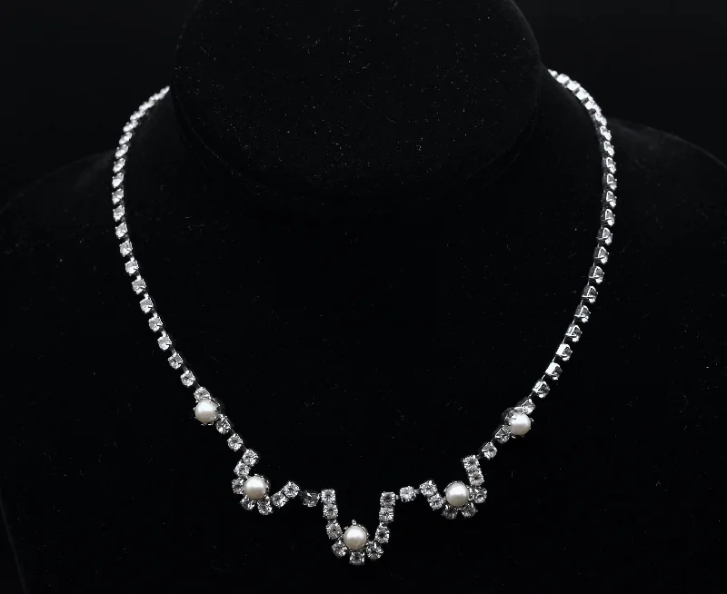 Ladies Necklaces Twisted Shine-Vintage Silver Tone Rhinestone and Faux Pearl Necklace - 15.5"