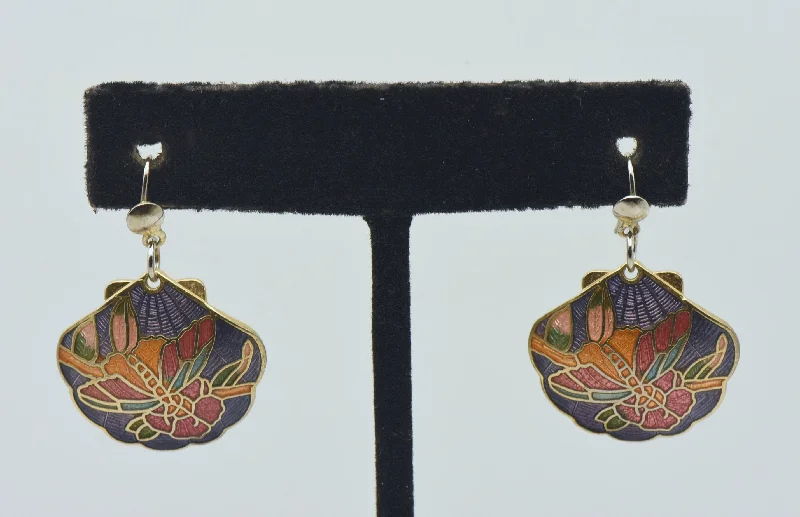 Ladies Valentine’s passion earrings -Vintage Enamel Butterfly and Floral Scallop Shell Dangle Earrings