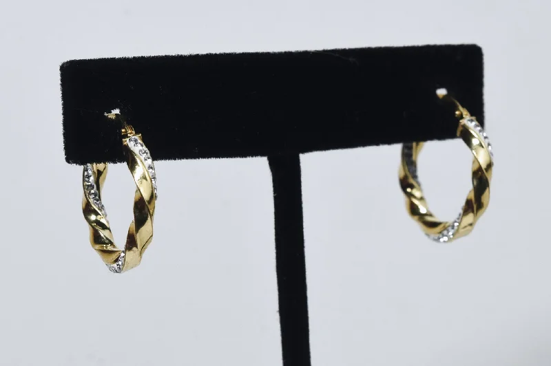 Ladies forest hush earrings -Gold Tone Sterling Silver Crystal Studded Twist Hoop Earrings