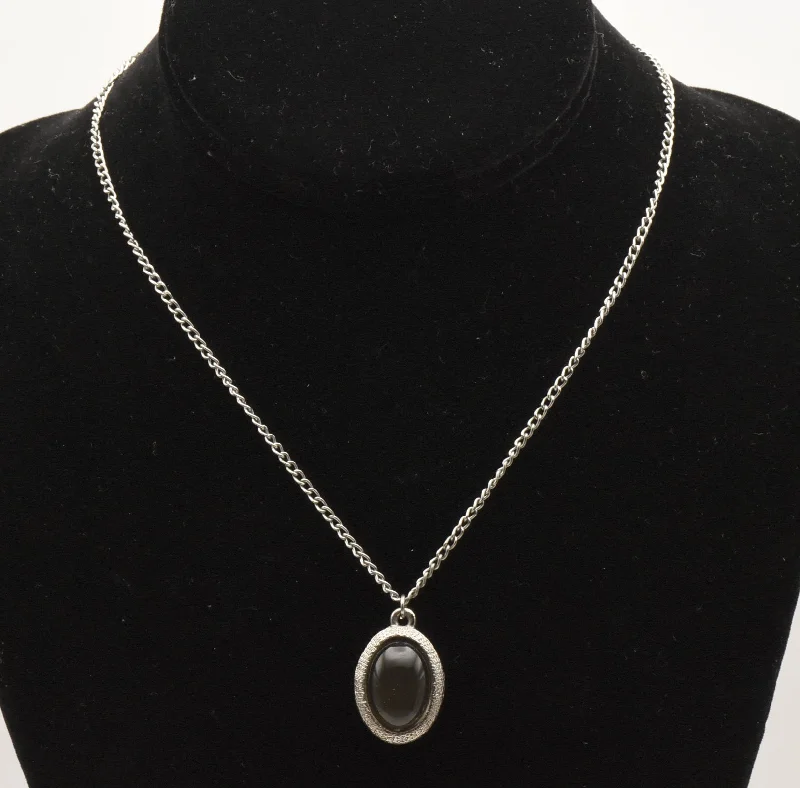 Ladies Necklaces with Flame Shine-Silver Tone Metal Gray Glass Cabochon Pendant on Chain Necklace - 16"