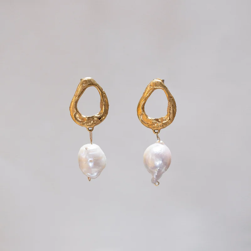 Ladies glowing warmth earrings -Baroque Pearl Gold Stud Earrings