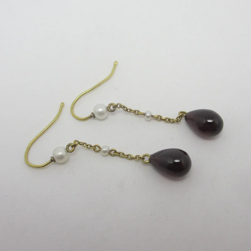 Ladies lightweight titanium earrings -Garnet Tear Drop Seed Pearl 9k Gold Dangling Ear Pendant Earrings Vintage c1980