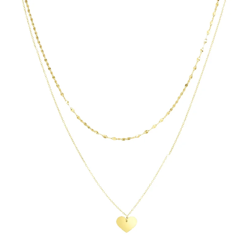 Ladies Necklaces for Teacher Spark-14K Gold Polished Heart & Mirror Chain Multi-Strand Necklace