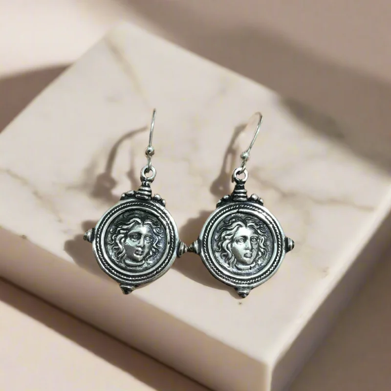 Ladies fragile thin earrings -Helios ancient sun god and rose earrings, Ancient Coinage of Rhodes, Sterling silver earrings, handmade earrings (AG-07)