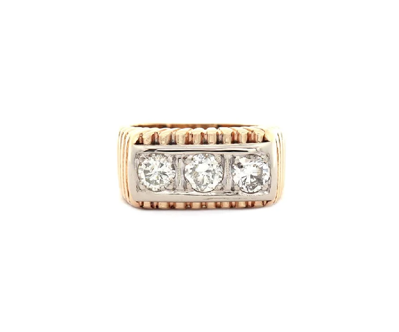 Ladies Rings with Blush Rhodochrosite-1.15ctw Round Diamond Three Stone Two Tone Ring in 14K